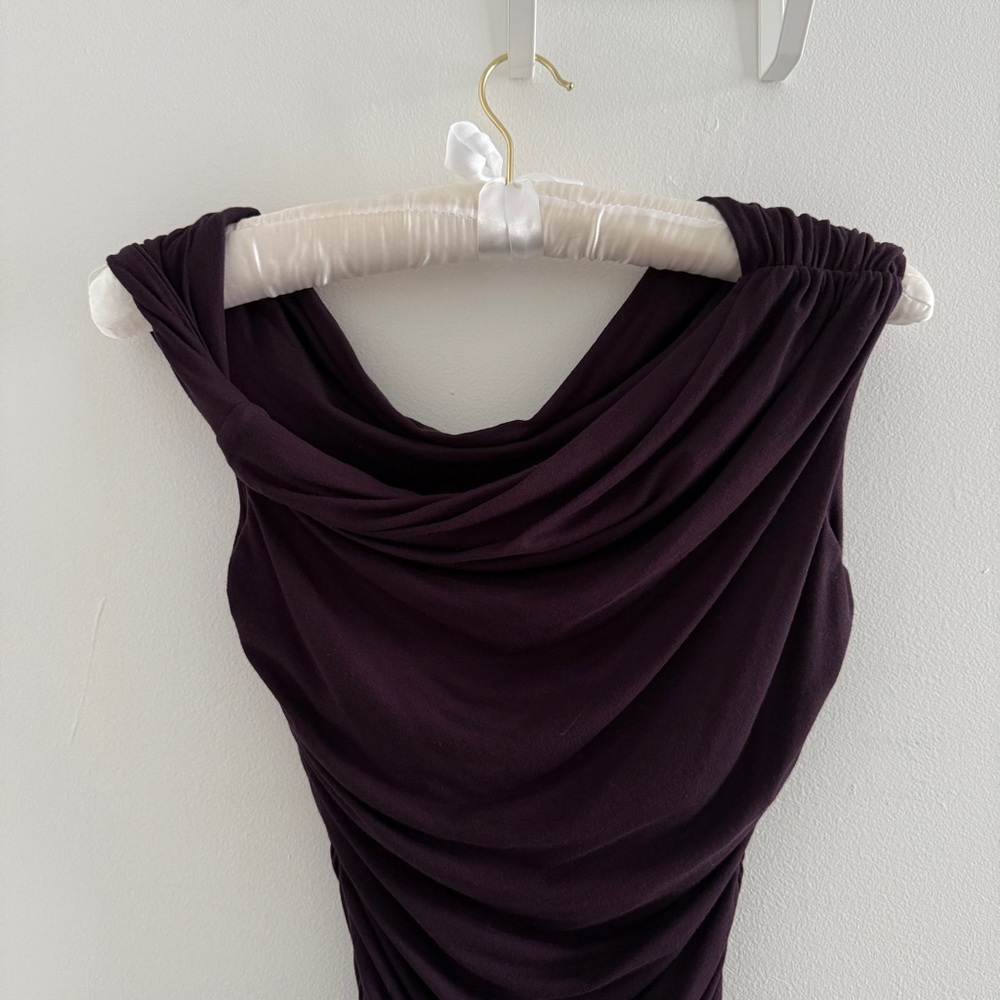 AGOLDE Hilma Twist Sleeve Off the Shoulder Bodysuit in Dark Purple Plum - Picture 8 of 10